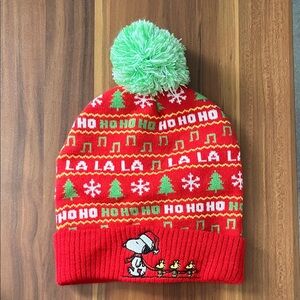 Snoopy & Woodstock Festive Red Knit Beanie with Green Pom Pom